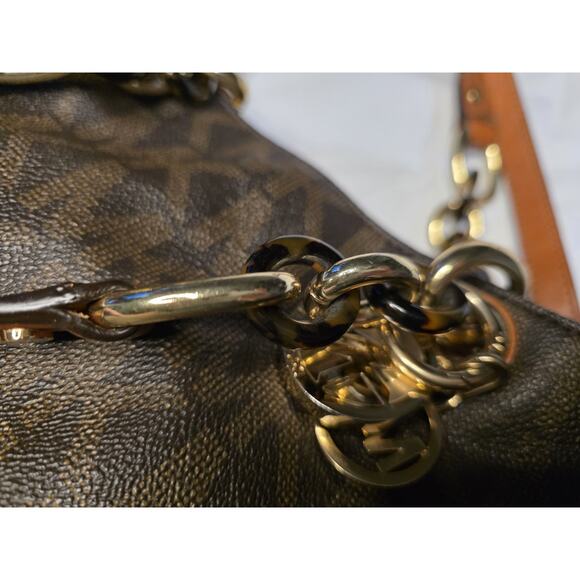 Michael Kors Cynthia Signature Satchel Crossbody Brown MK Logo Bag Gold Hardware - Picture 2 of 8